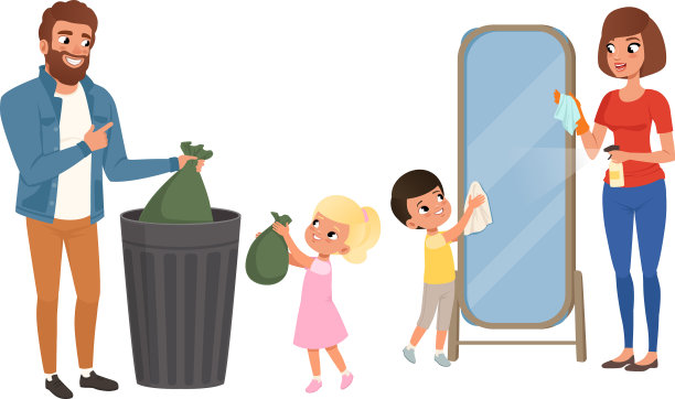 快乐的父母和孩子一起做家务图片下载