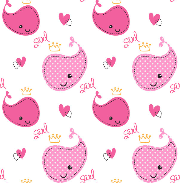 无缝图案可爱的粉色鲸鱼女孩与皇冠图片下载