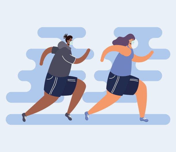 一对戴着医用口罩的年轻夫妇用虚拟形象跑步图片下载