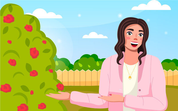 年轻微笑的黑发姑娘呈现玫瑰丛快乐图片下载