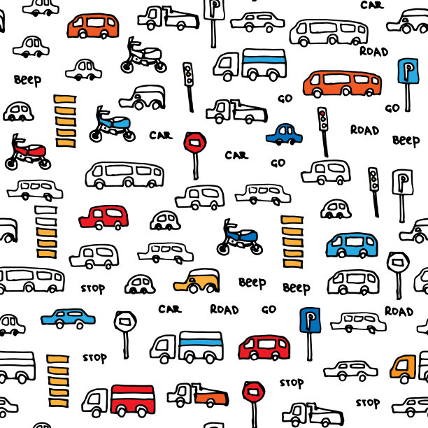 孩子们用汽车、路标和文字做图案图片下载