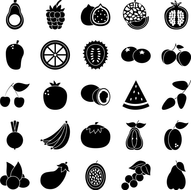 樱桃和异国水果图标设置剪影图片下载