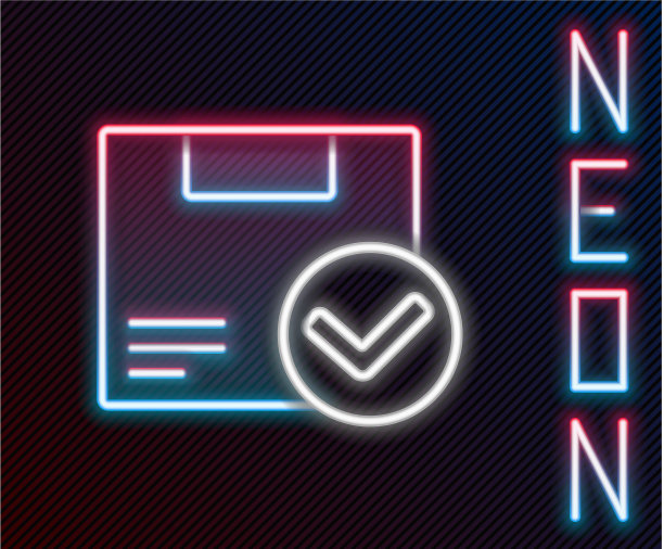 发光的霓虹灯线包装盒与检查标志图标图片下载