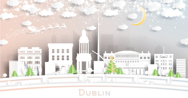 爱尔兰都柏林城市天际线剪纸风格图片下载