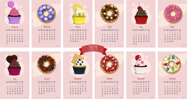 有甜蛋糕和甜甜圈的2021年日历图片下载