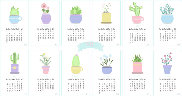 有可爱的仙人掌和植物的2021年日历图片下载
