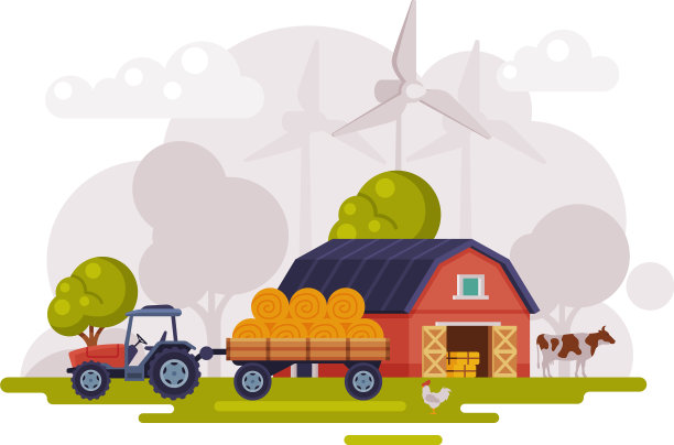 农场场景与红色谷仓，风力涡轮机和拖拉机图片下载