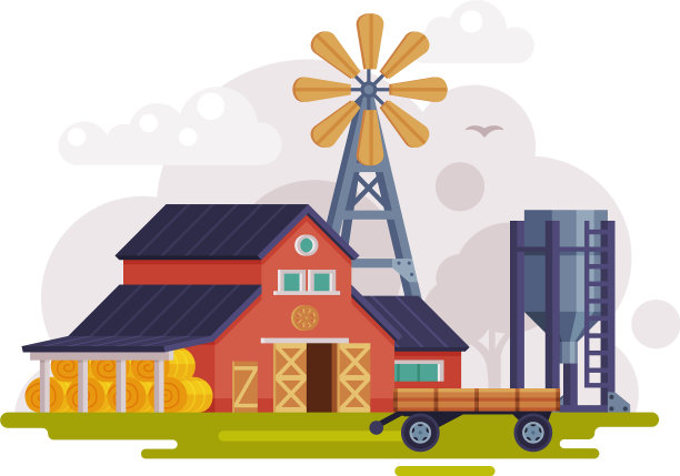 农场场景与红色谷仓风车水泵和图片下载