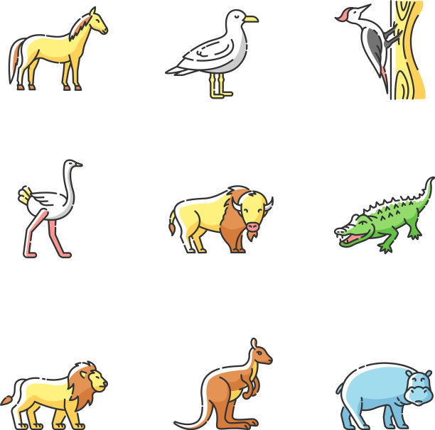 飞行和陆地动物RGB颜色图标设置图片下载