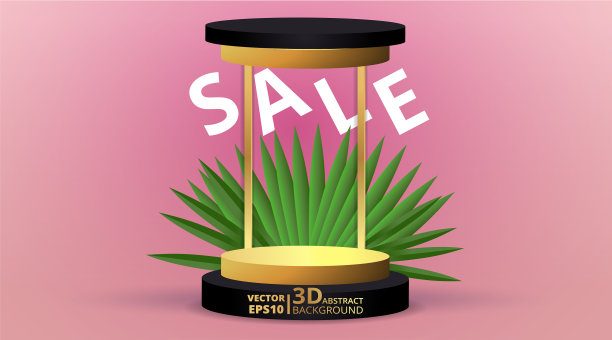 金属金色舞台与棕榈叶逼真图片下载