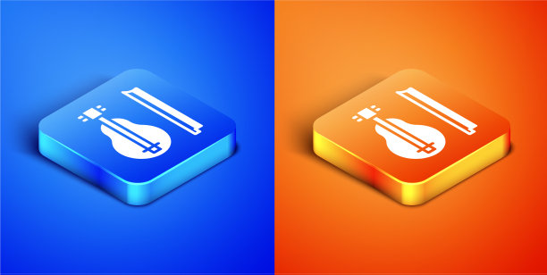 等距小提琴图标孤立在蓝色和橙色图片下载