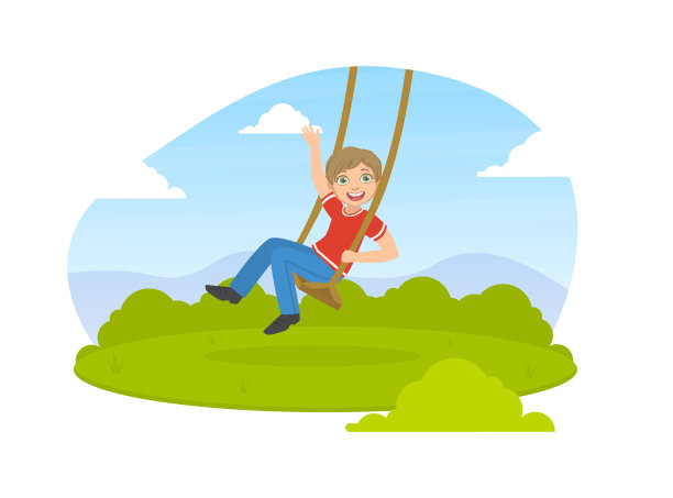 快乐的男孩荡秋千在夏季公园的绳子图片下载