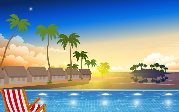 风景游泳池在海滩上的平房图片下载