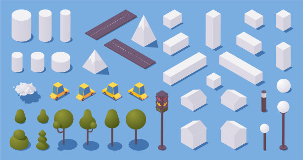 各种城市元素与阴影等距图片下载