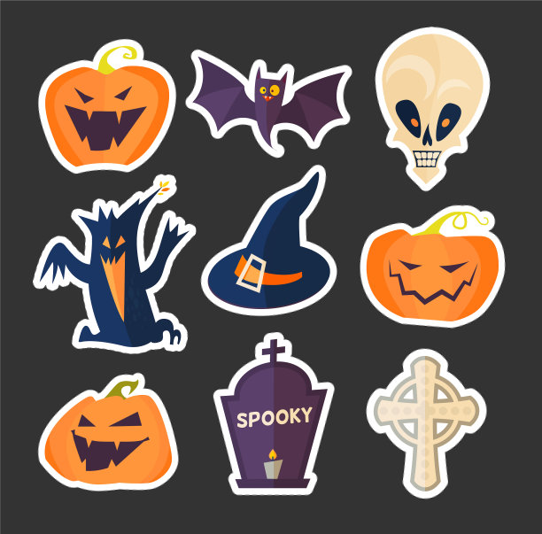 万圣节卡通元素设置贴纸诡异图片下载