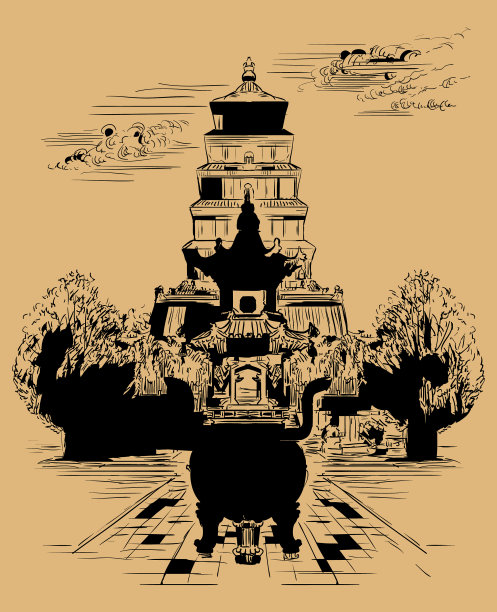 米色中国手绘地标5图片下载