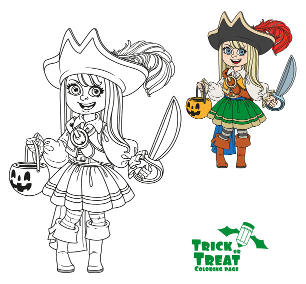 穿着海盗装，背着南瓜包的可爱女孩图片下载