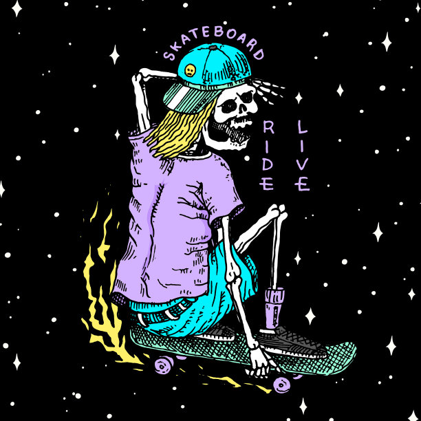 用于印刷的滑板标签上的骨架图片下载