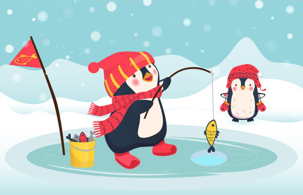 企鹅渔夫捕鱼图片下载