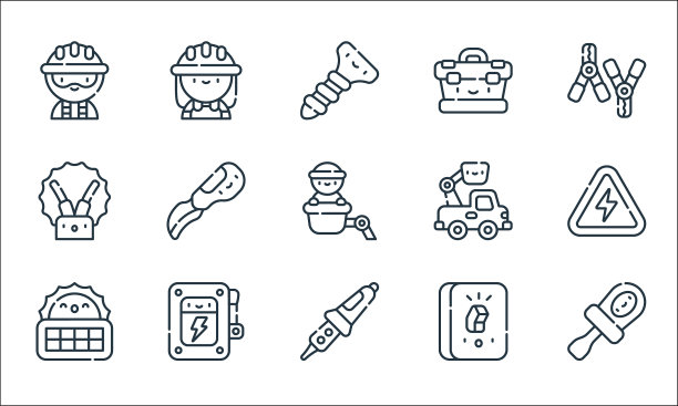 电工工具和线条图标线性集合图片下载