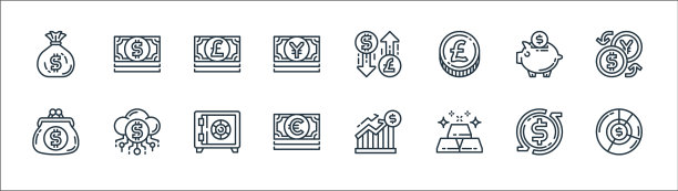 金钱和货币线图标线性设置质量图片下载