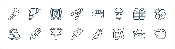 电工工具和线条图标线性集合图片下载