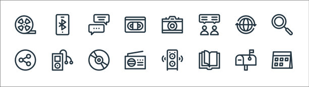 通信和媒体线图标线性集合图片下载