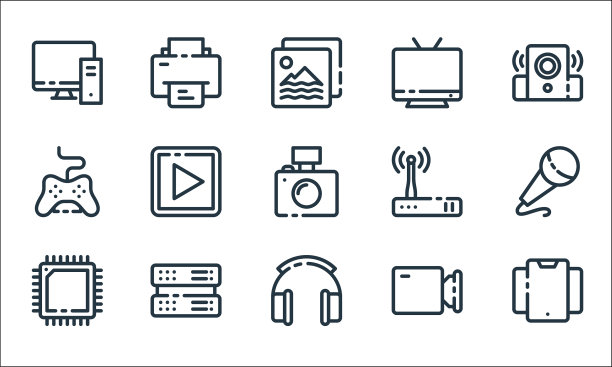 多媒体和电子线图标线性集图片下载