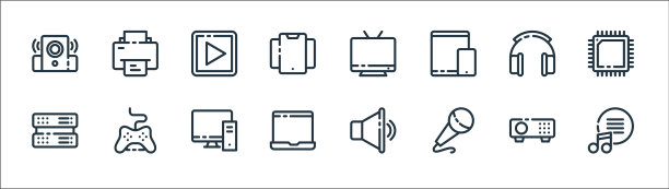 多媒体和电子线图标线性集图片下载