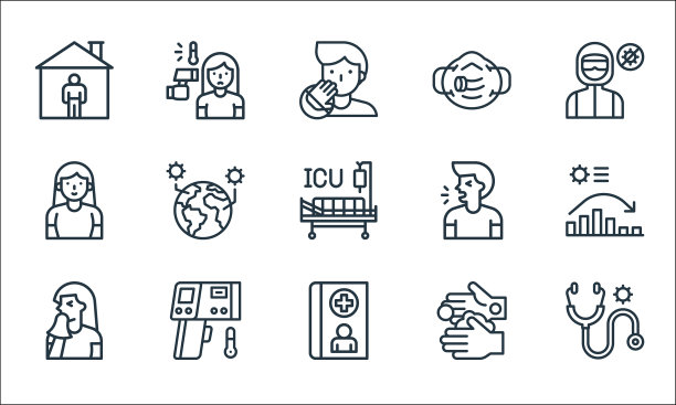 扁平冠状病毒流行线图标线性集图片下载