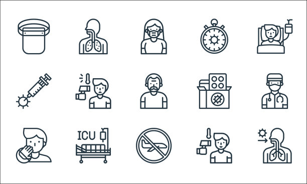 扁平冠状病毒流行线图标线性集图片下载