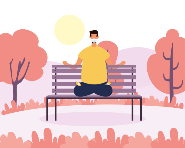 年轻男子戴着医用口罩在练瑜伽图片下载