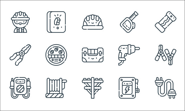 电工工具和线条图标线性集合图片下载