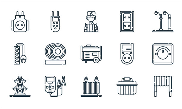 电工工具和线条图标线性集合图片下载