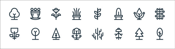 树和植物线图标线性设置质量线图片下载