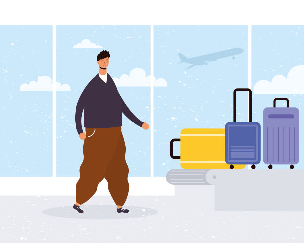 年轻人随意地在运输带带着行李箱图片下载