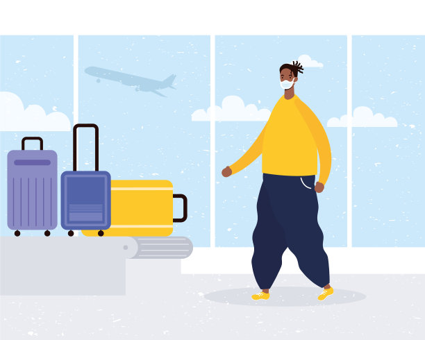 戴着医用口罩带着行李箱的非洲裔年轻人图片下载