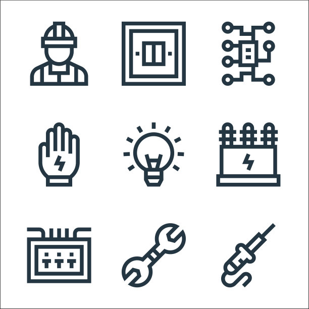 电工工具和线条图标线性集合图片下载