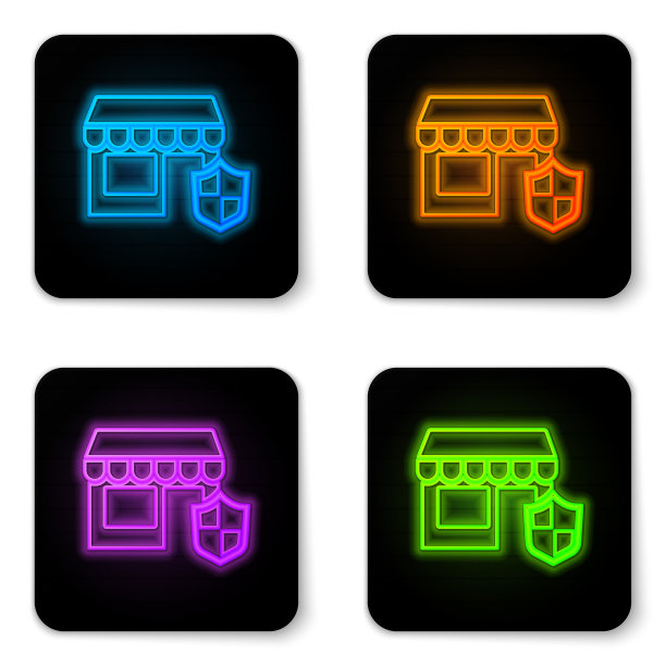 霓虹灯购物建筑与盾牌图标图片下载