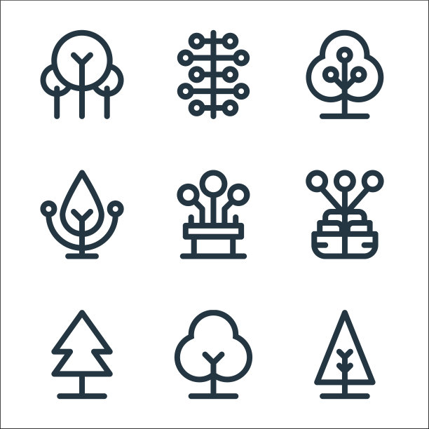 树和植物线图标线性设置质量线图片下载