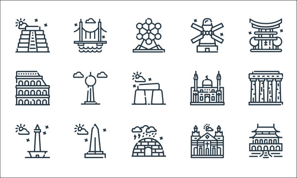 世界纪念碑线图标线性设置质量线图片下载