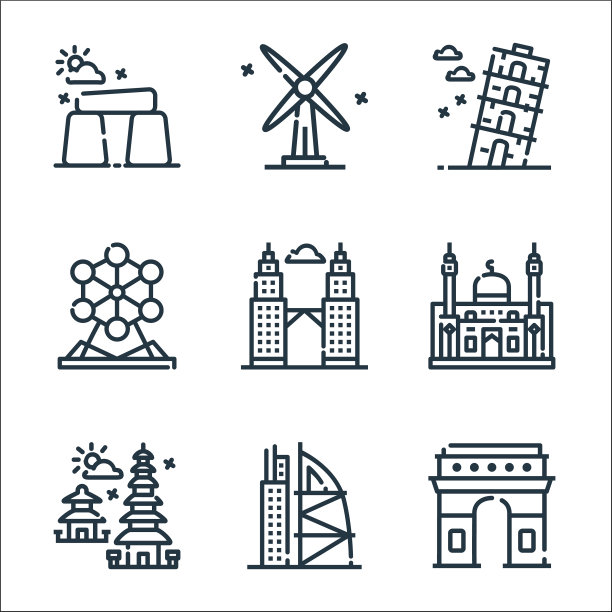 世界纪念碑线图标线性设置质量线图片下载