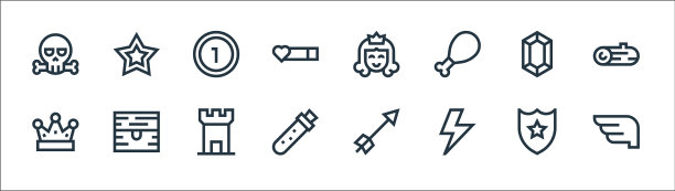 视频游戏元素线条图标线性集合的质量图片下载