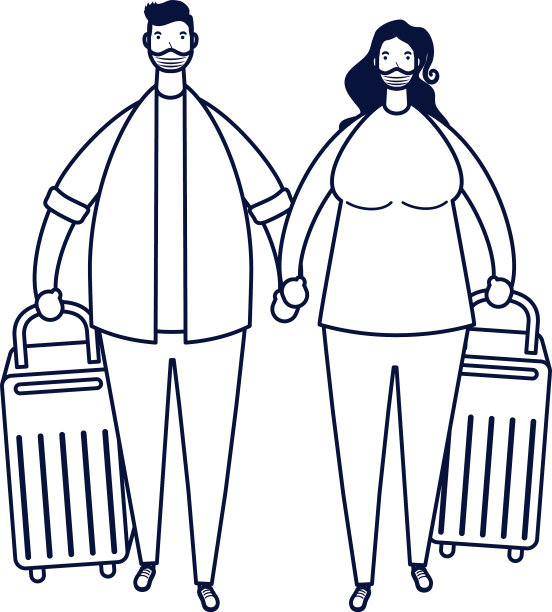 年轻夫妇带着医用口罩和行李箱图片下载