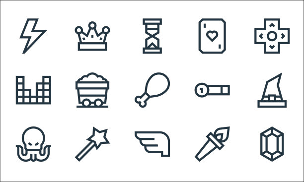 视频游戏元素线条图标线性集合的质量图片下载