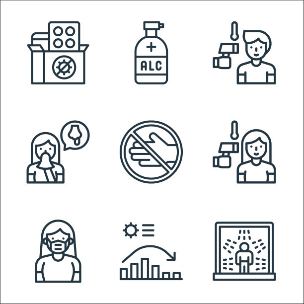 扁平冠状病毒流行线图标线性集图片下载