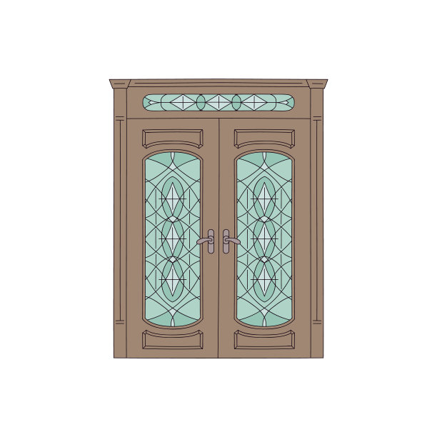 棕色双房门与彩色玻璃图片下载