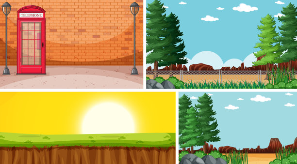 四个不同的场景在自然背景卡通图片下载
