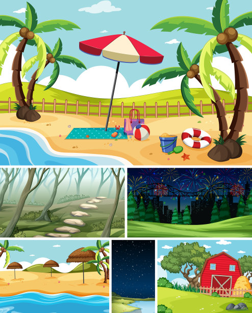 六个不同的场景在自然背景卡通图片下载