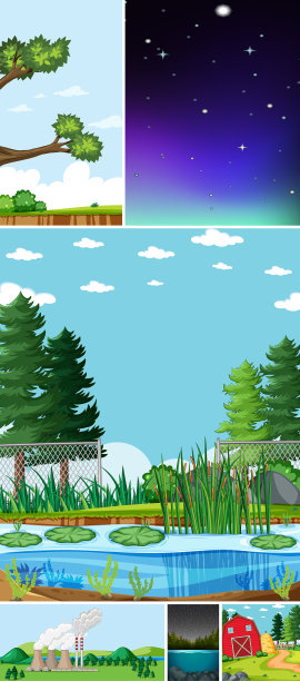 六个不同的场景在自然背景卡通图片下载